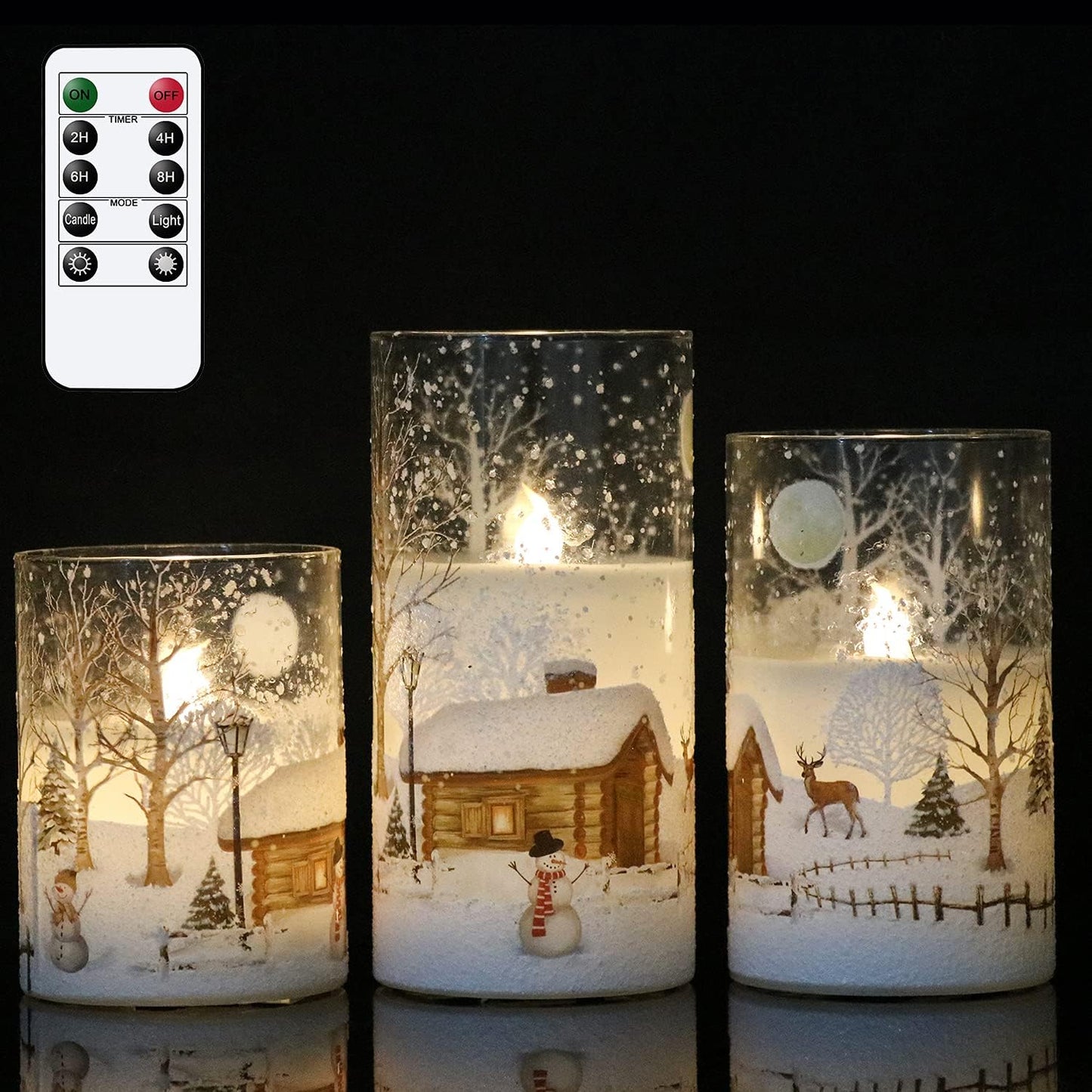 Christmas Tree Glass Flameless Candles with Remote Timer Battery Operated Real Wax 3D Wick LED Flickering Pillar Candles Christmas Holiday Decor(Gold, 3 X 4,5,6 Inch)