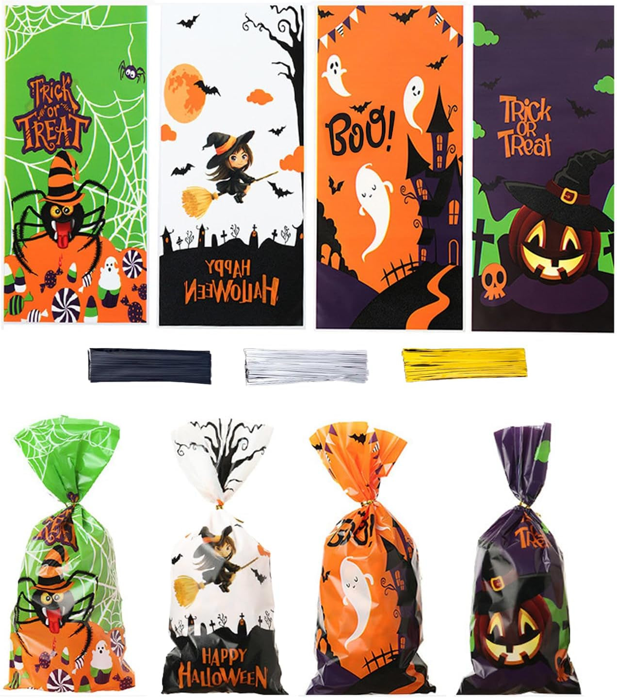 160PCS Halloween Cellophane Treat Bags, Plastic Goodie Candy Bag Goody Snack Sweet Bags with Twist Ties for Halloween Party Favor Supply（4 Style）