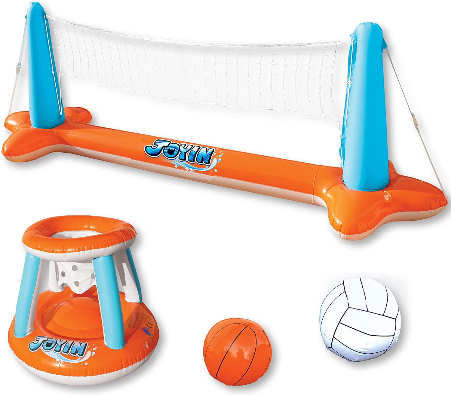 Inflatable Pool Float Set Volleyball Net & Basketball Hoops, Floating Swimming Game Toy for Kids and Adults, Summer Floaties, Volleyball Court (105”X28”X35”)|Basketball (27”X23”X27”),L-Orange