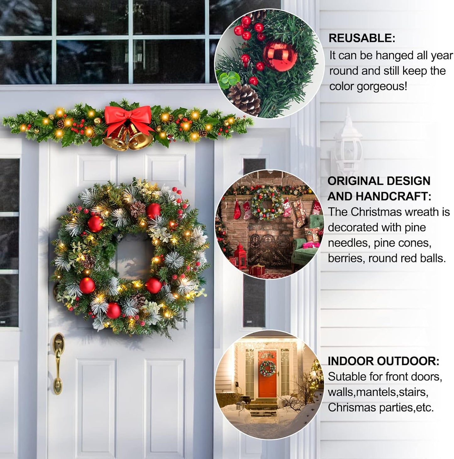 Pre-Lit Christmas Wreath with Lights Artificial Christmas Wreath Decorated with Pine Cones Berry Clusters Frosted Branches Ball Ornaments Christmas Decorations for Window Indoor & Outdoor (20 In)