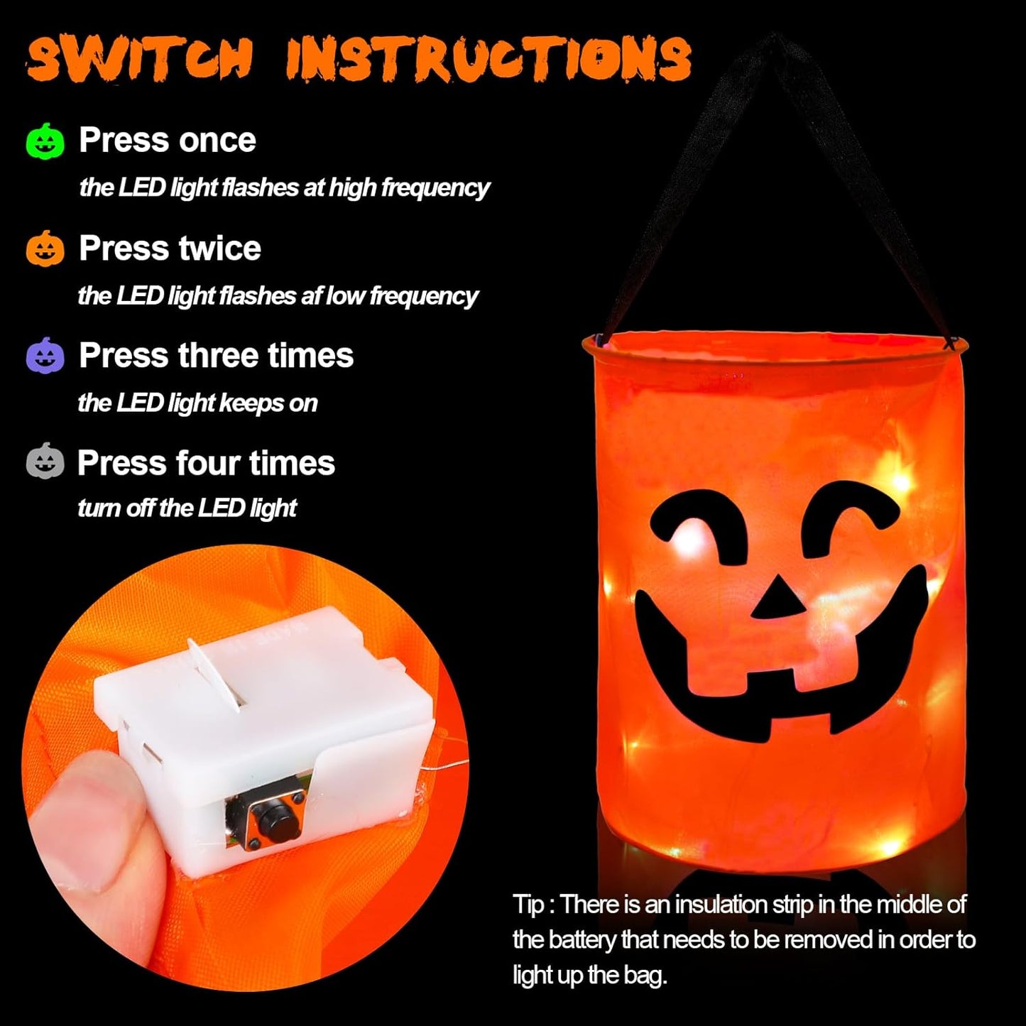 3 Pcs LED Light Halloween Candy Bags for Kids Light up Multipurpose Halloween Trick or Treat Bucket with Pumpkin Smile Face for Halloween Party Favors Goodie Bags,Orange