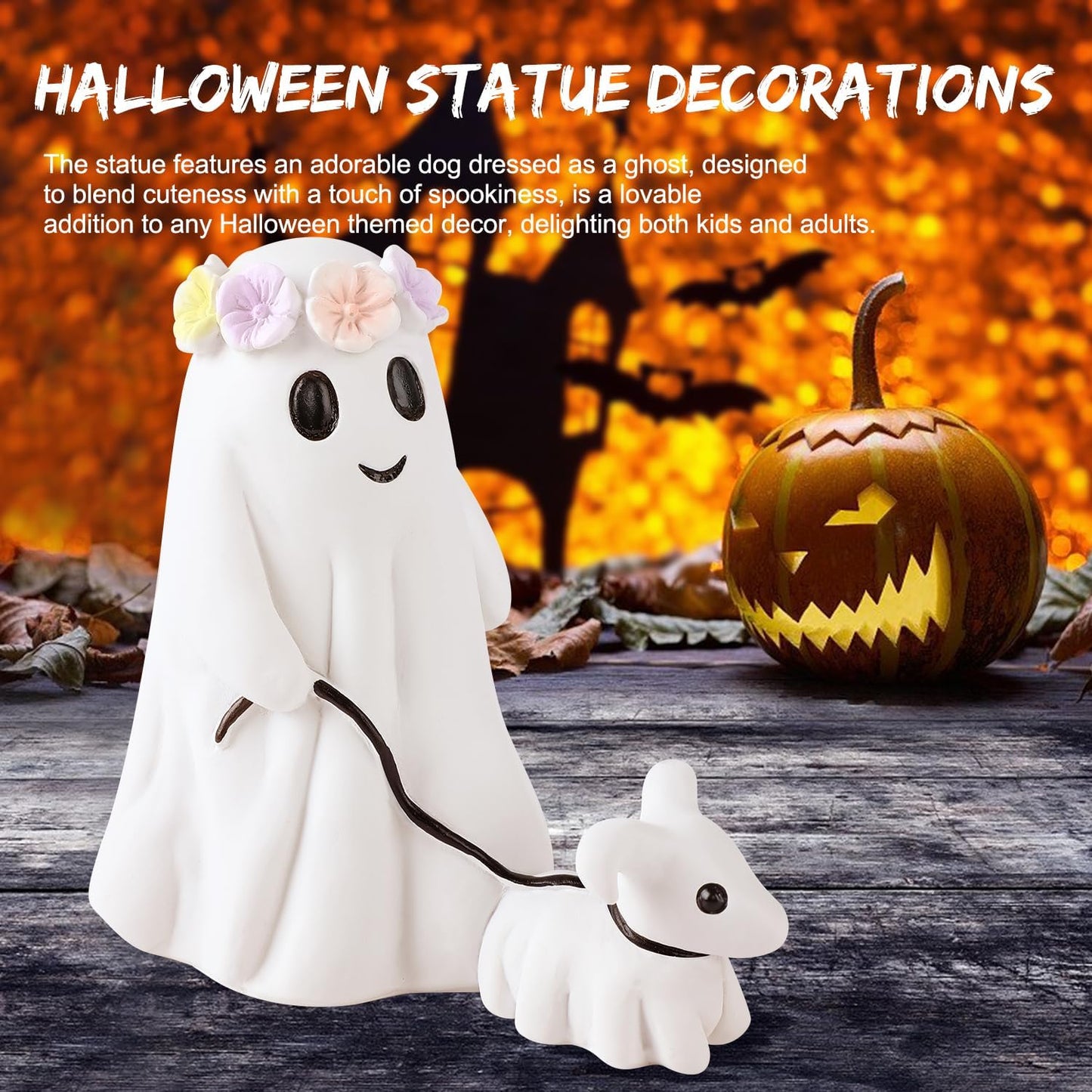 Halloween Ghost Walking Dog Statue, Cutest Ghost Walking Dog, Spooky Ghost Dog Halloween Figurine for Indoor Halloween Decor (Boy 6")