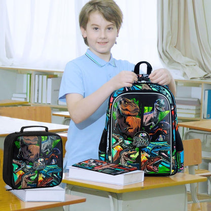 Kids Backpack for Boys, 16” Dinosaur Preschool Bookbag and Lunch Box for Kindergarten Elementary