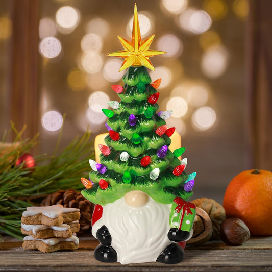 Gnomes Christmas Decorations - 12" Lighted up Gnomes Ceramic Christmas Tree with 46 Multicolored Lights - Mini Pre-Lit Hand-Painted Xmas Tree Decor for Home Indoor