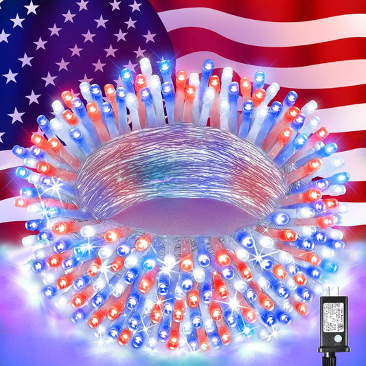 Red White and Blue String Lights, 4Th of July Decorations Lights 200 LED Patriotic Lights 66Ft 8 Modes Plug in Waterproof Fairy String Lights for Indoor Outdoor Independence Day, Patriotic Holiday