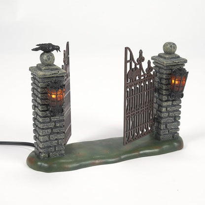 Halloween Accessories for Village Collections Miniature Spooky Wrought Iron Gate Lit Figurine, 4.53-Inch, Multicolor