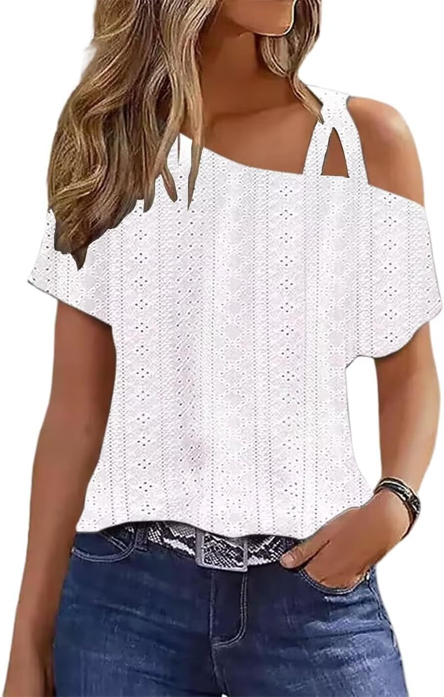 Criss-Cross One Shoulder Tops Sexy Cold Shoulder Shirts Summer Short Sleeve T-Shirts Vacation Loose Casual Tees