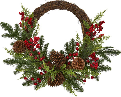 22In. Mixed Cedar with Berries and Pine Cones Artificial Wreaths, Green/Red , 3.5X22X22