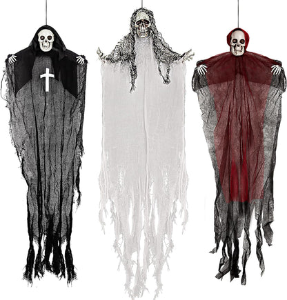 Halloween Hanging Skeleton Ghosts with Glowing Eyes (3 Pack), One 36” and Two 32” Flying Grim with Chains Reapers for Haunted House Prop Décor, Indoor/Outdoor Halloween