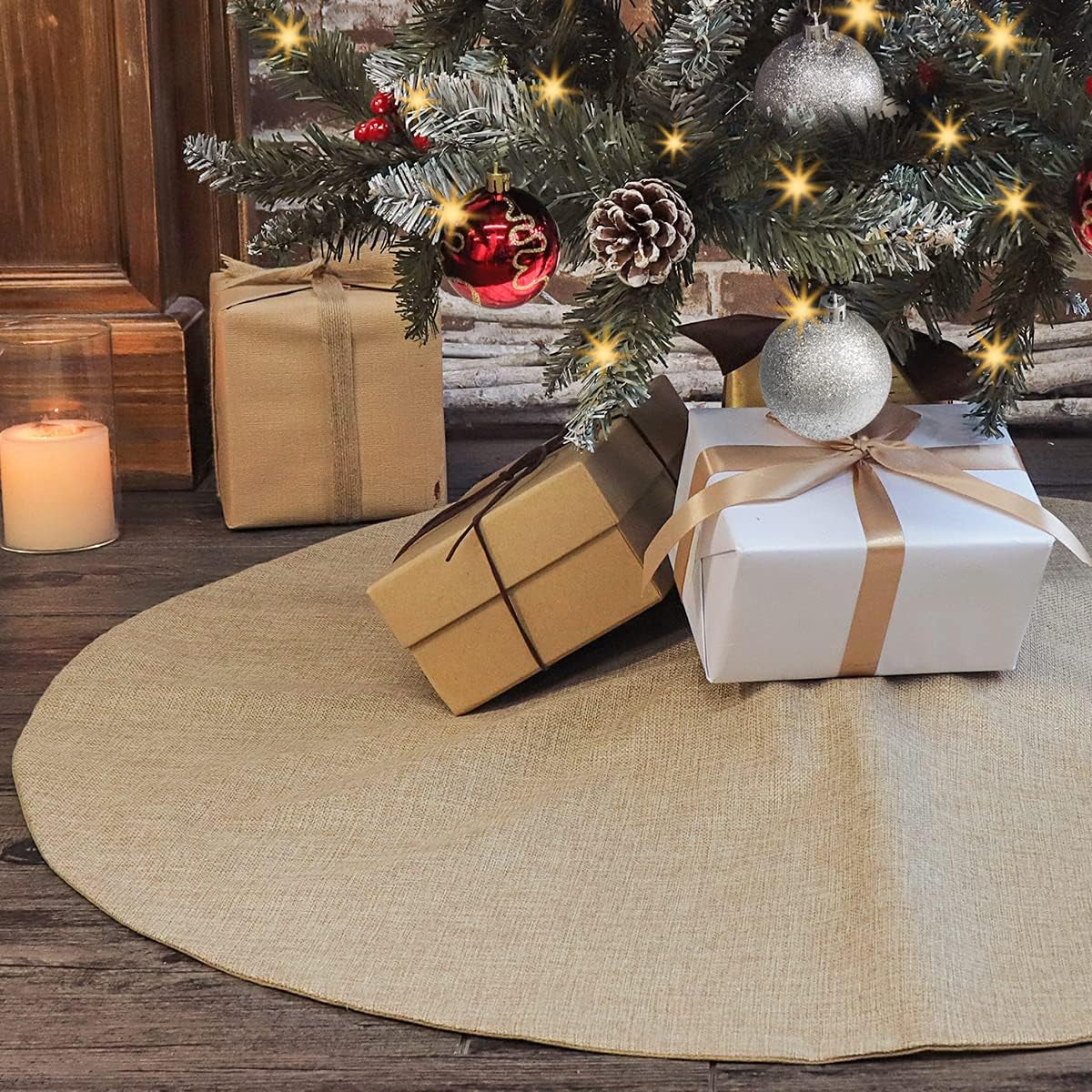 Christmas Tree Skirt, 48 Inches Large Burlap Double-Layer Plain Tree Skirts, Rustic Jute Tree Skirt for Xmas Holiday Home Decor, Fall Winter Farmhouse Brown Burlap Christmas Decorations Indoor