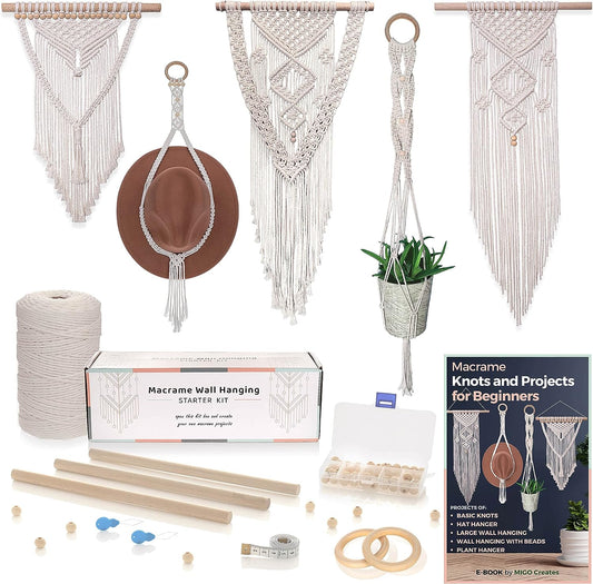 Macrame Kits for Adults Beginners: DIY Macrame Kit with 220 Yards Macrame Cord and 58Pcs Macrame Supplies. E-Book Tutorial for 5 Macrame Projects and Knots Included!