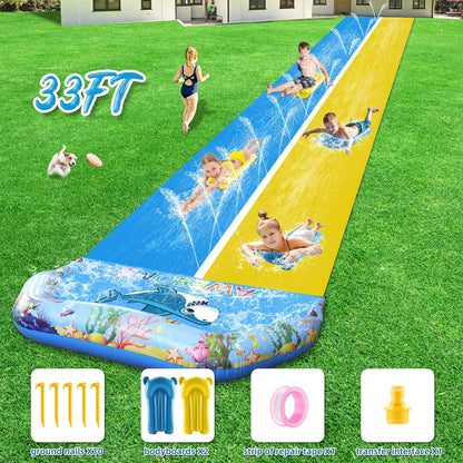 33 FT Extra Long Water Slide for Kids Adults, Giant Double Lawn Water Slip Heavy Duty with 2 Bodyboards, Summer Water Slide Toys with Crash Pad for Backyard Outdoor