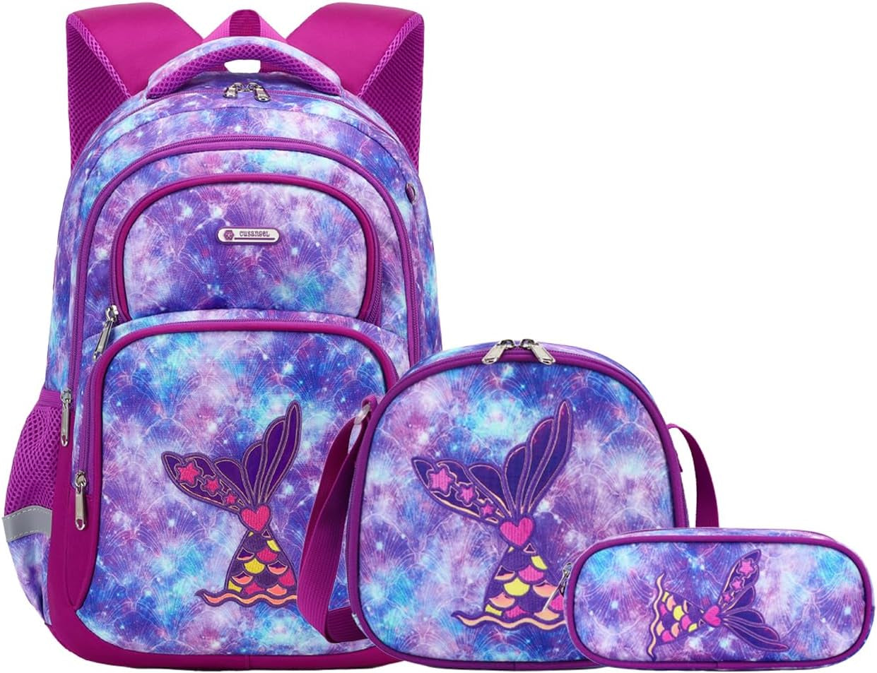 Purple Mermaid 3Pcs Set with Lunch Box Pencil Case,Multi Compartment Backpack, Dinosaur Backpack Chest Strap Side Pockets 16 Inch