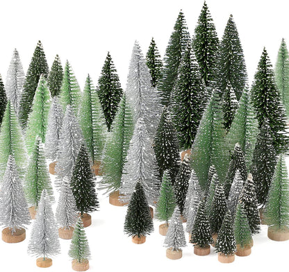 30Pcs Mini Christmas Trees Artificial Christmas Tree Bottle Brush Trees with Wooden Base for Christmas Decor Christmas Party Home Table Craft Decorations(Dark Green+Silver)