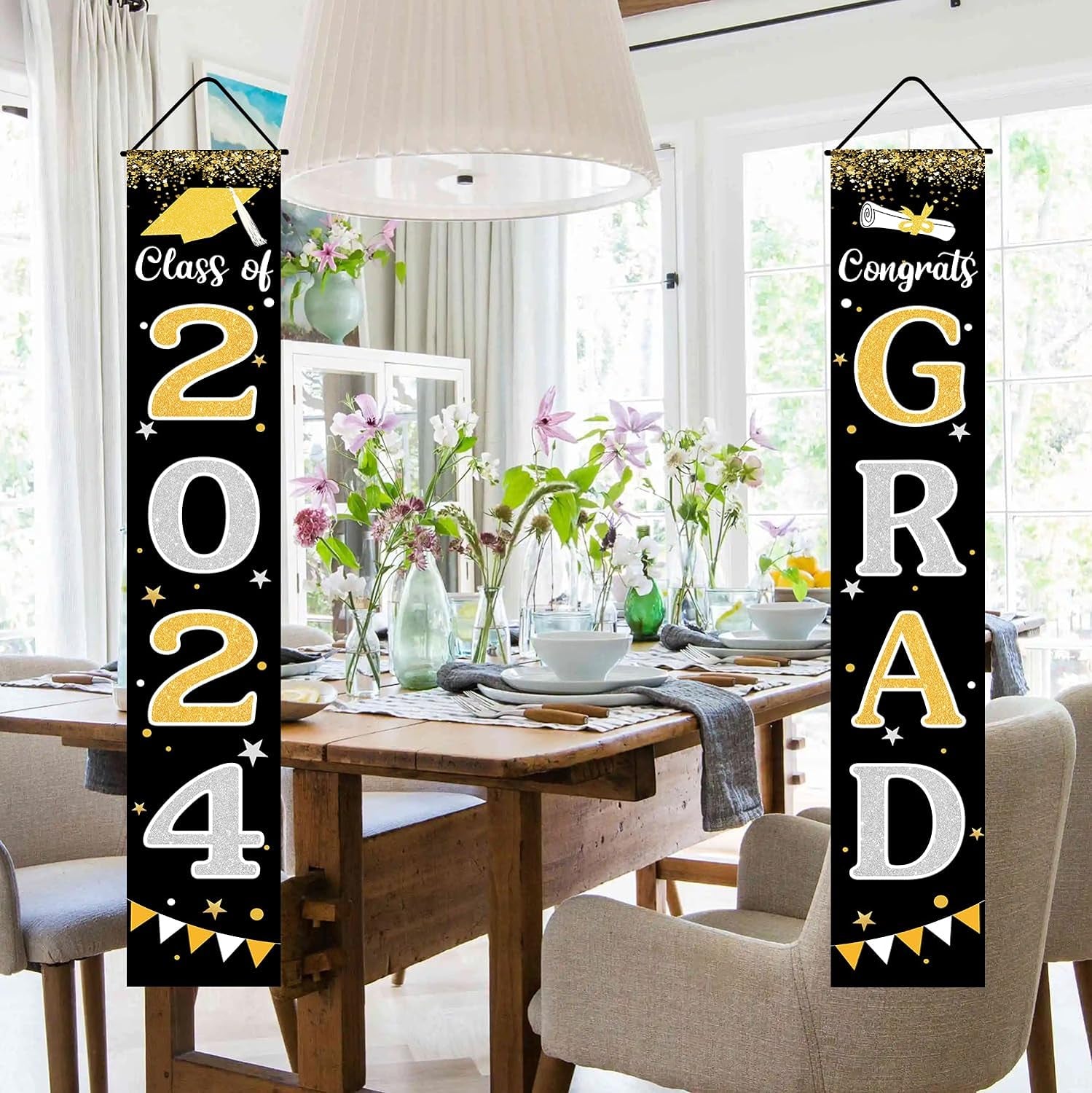 Graduation Decorations 2024 GRAD Banner Black Graduation Party Decorations 2024 Porch Door Welcome Banners for Class School