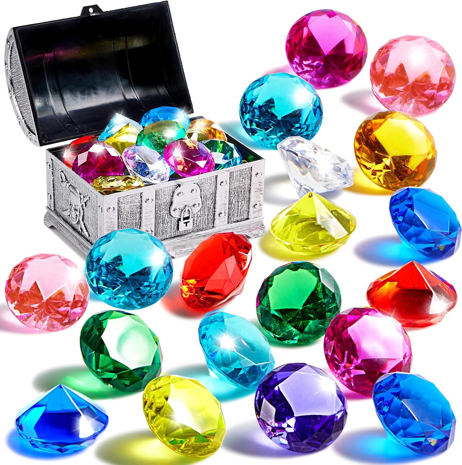 Diving Gems Pool Toys, 16 Big Colorful Diamond with Pirate Treasure Chest, Swim Dive Toy for Kids Underwater Gemstone Swimming Training Gift Water Toys Pool Games（Gold）
