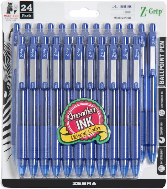 Pen Z-Grip Retractable Ballpoint Pen, Medium Point, Blue Ink, 24-Pack, Model Number: 12225