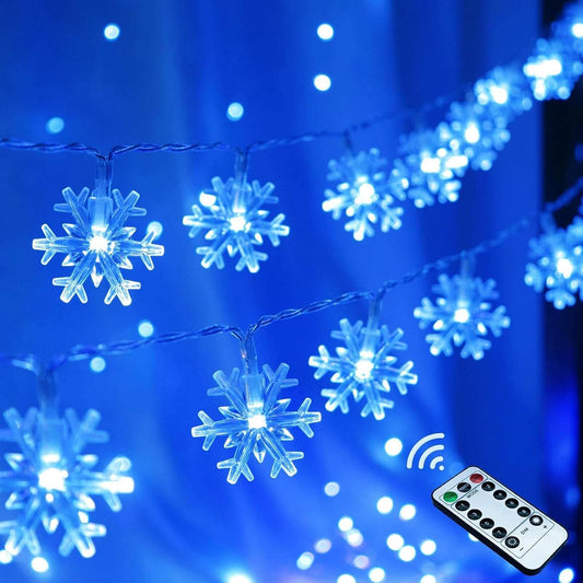 Christmas Snowflake String Lights, 20 FT 40 LED Battery Operated Blue Fairy Lights with Remote, 8 Modes Hanging Lights for Bedroom Room Decor Patio Party Wall Indoor Outdoor Xmas Tree Decorations