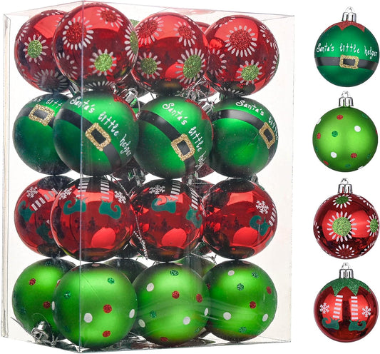 Christmas Ornaments Set, 24Ct Elf Red Green White Shatterproof Christmas Tree Decorations Set, 2.36 Inch Decorative Hanging Ball Ornaments Bulk for Xmas Holiday Party Indoor Decor