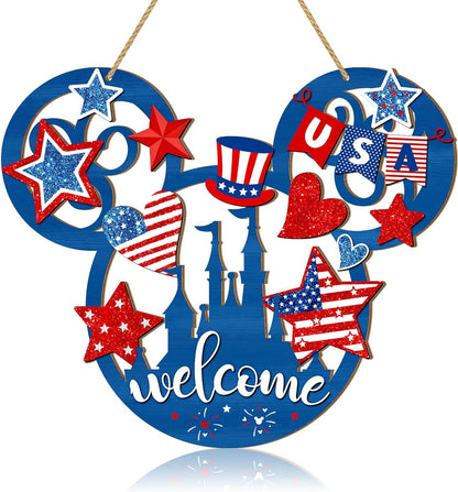 4Th of July Door Sign Mouse Shaped Decorations, Patriotic Stars USA Wooden Signs, American Flag Welcome Hollow Out Wood Hanging Sign for Front Door Decor, Independence Day Party Home Wall Decor