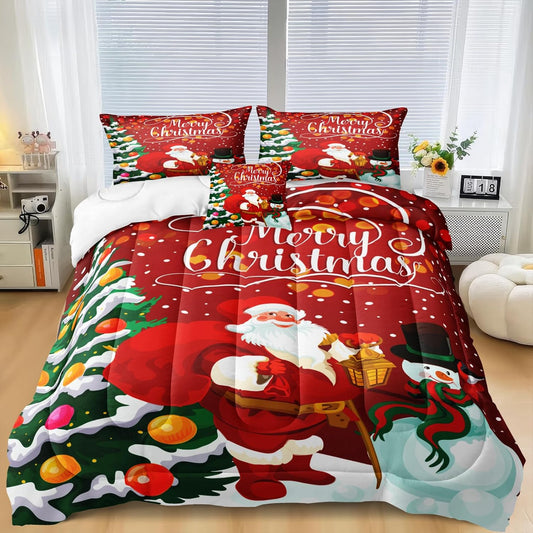 Christmas Comforter Set Red Christams Bedding Queen Santa Claus Snowman and Christmas Tree Printed Design Red Christmas Bedding Set