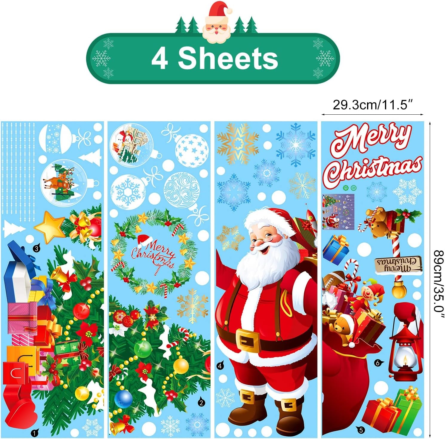 Christmas Decorations Window Clings Stickers Large Santa Claus Xmas Tree Snowflake Cling Double Side Xmas Window Decals Ornament DIY Wall Door Christmas Decor Reusable Static Decal Sticker