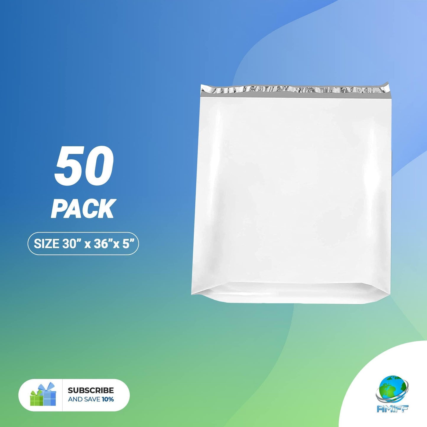 Amiff Gusseted Large Poly Mailers 30x36x5 Size. Pack of 50 White Poly Shipping