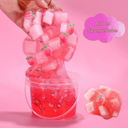 Premade Crystal Slime Peach Pink Jelly Cube Glimmer Crunchy Slime, Includes 6 Sets of Slime Add-Ins, Party Favors for Kids, Sensory and Tactile Stimulation, Stress Relief, for Girls & Boys
