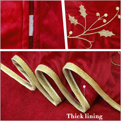 Christmas Tree Skirt, 48 Inches Red Luxury Velvet Plush Fur Skirts with Gold Embroidered Holly Leaf for Rustic Xmas Tree Holiday Decorations