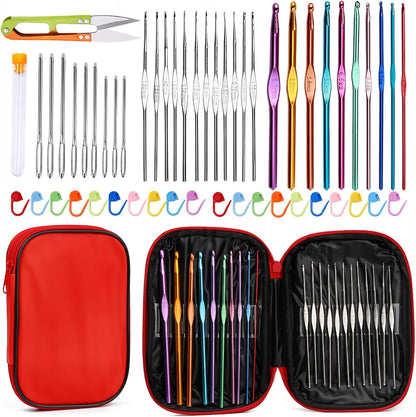 54 Pcs Crochet Needles Set, Crochet Hooks Kit with Storage Case, Ergonomic Knitting Needles Blunt Needles Stitch Marker DIY Hand Knitting Craft Art Tools for Beginners