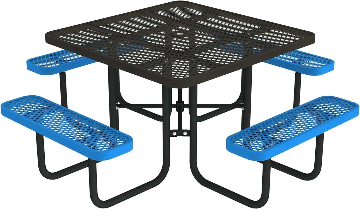 Open Air Series 46" round Picnic Table with Benches and Umbrella Hole, Commercial-Grade Steel Portable Outdoor Picnic Table, Blue