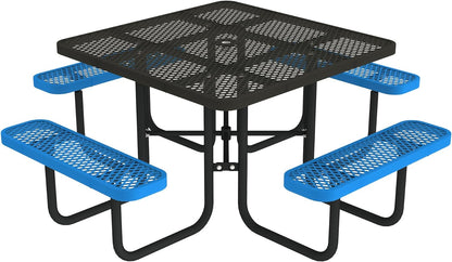 Open Air Series 46" round Picnic Table with Benches and Umbrella Hole, Commercial-Grade Steel Portable Outdoor Picnic Table, Blue