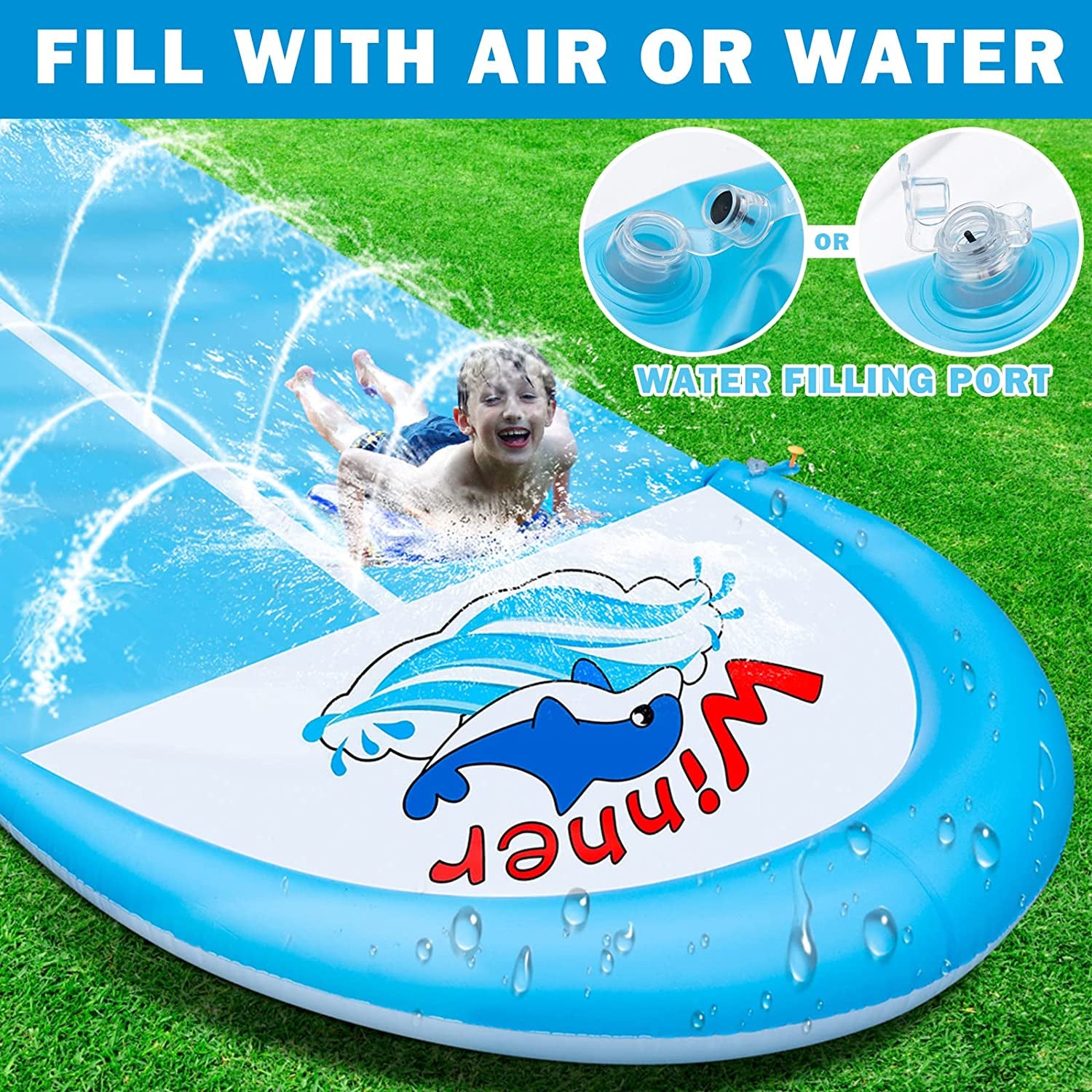 30Ft Slip Splash and Slide, Heavy Duty Lawn Water Slide, Extra Long Slip Water Slides with 2 Bodyboards for Kids Adults Summer Toy with Sprinkler, Sports Outdoor Garden Backyard (A)