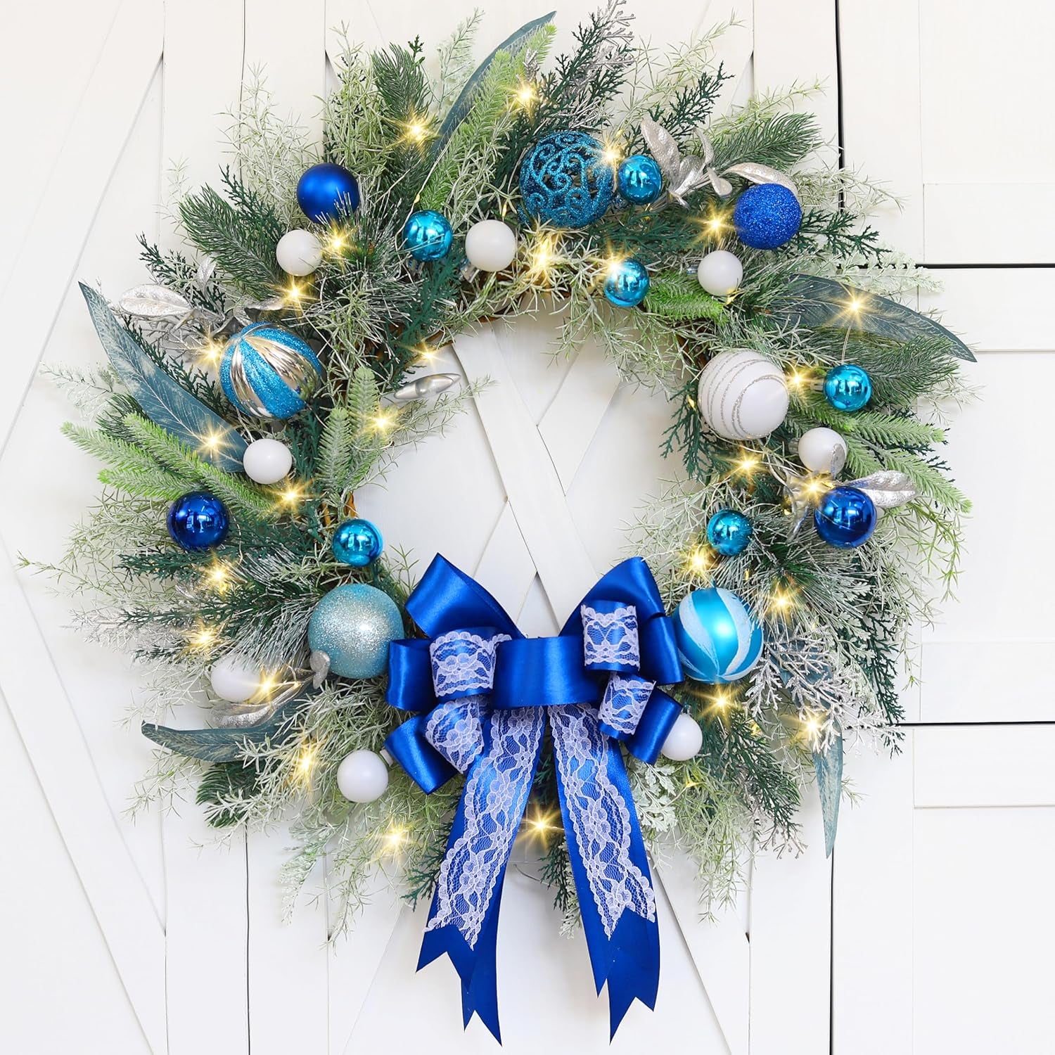 Prelit Christmas Wreath with Blue Bow and Ball Ornaments 22 Inch Christmas Wreath with Lights for Front Door Battery Operated Timer 40 LED Lights, Holiday Decoration for Fireplace Xmas Decor