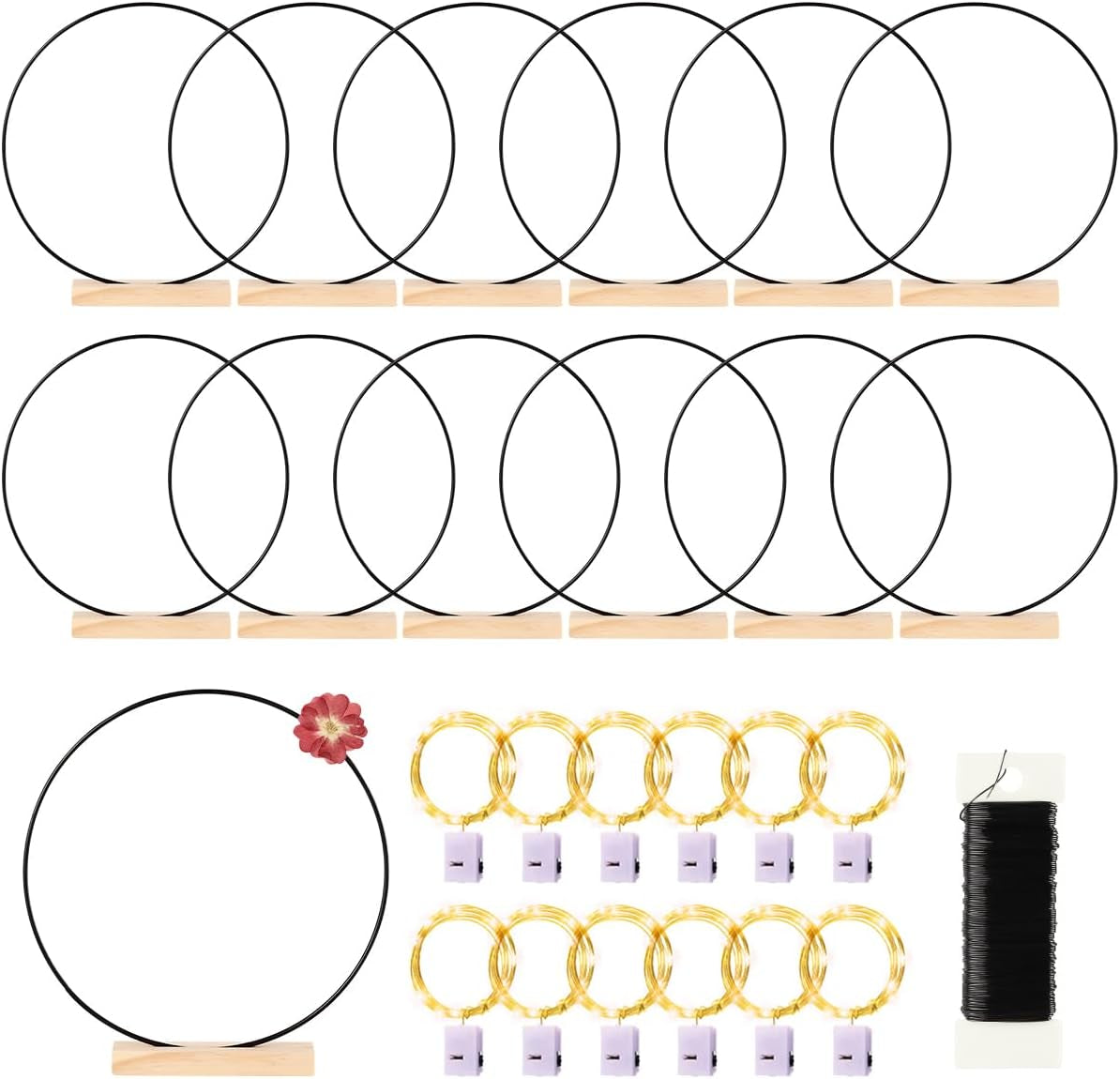 12 Pack Floral Hoop with Stand and LED Fairy Lights 14 Inch Metal Rings for DIY Centerpiece Table Decorations Crafts Macrame Rings Hoop Wreath Dream Catcher Rings Wedding Christmas Wreaths, Silver