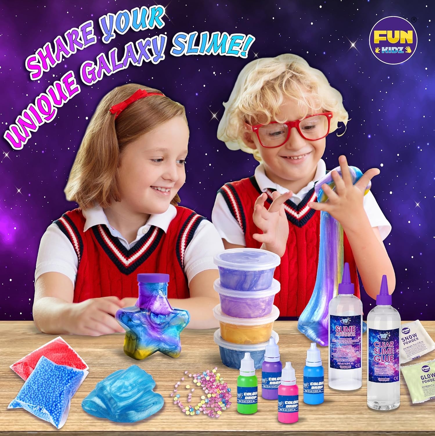 Toy Galaxy Slime Kit for Boys Girls 10-12, Funkidz Ultimate Metallic Slime Making Kit for Kids Ages 8-10 D.I.Y. Glow, Galactic, Fun Slime Gifts