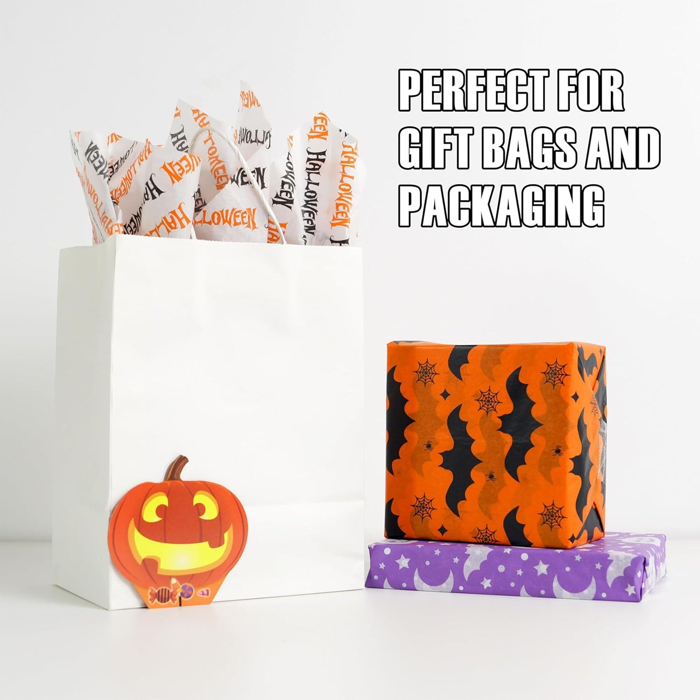 100 Sheets Halloween Tissue Paper for Gift Bags,14"X20" Orange Tissue Paper Party Art Decoration Various Designs