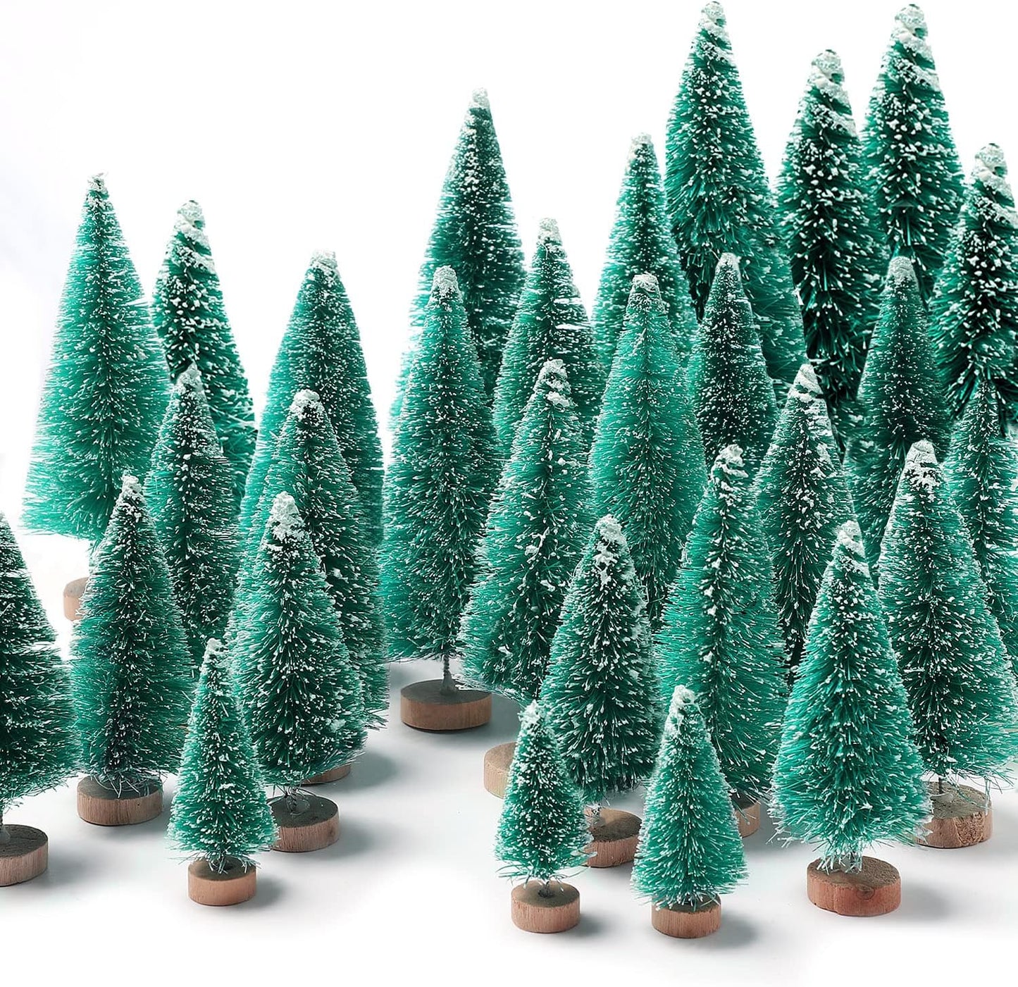 30Pcs Mini Christmas Trees, Artificial Christmas Tree Bottle Brush Trees Christmas with 5 Sizes, Sisal Snow Trees with Wooden Base for Christmas Decor Christmas Party Home Table Craft