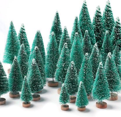 30Pcs Mini Christmas Trees, Artificial Christmas Tree Bottle Brush Trees Christmas with 5 Sizes, Sisal Snow Trees with Wooden Base for Christmas Decor Christmas Party Home Table Craft