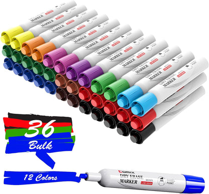 Dry Erase Markers, Chisel Tip White Board Markers, 36 Bulk 4 Assorted Colors Low Odor Markers for Teachers Office & School Supplies