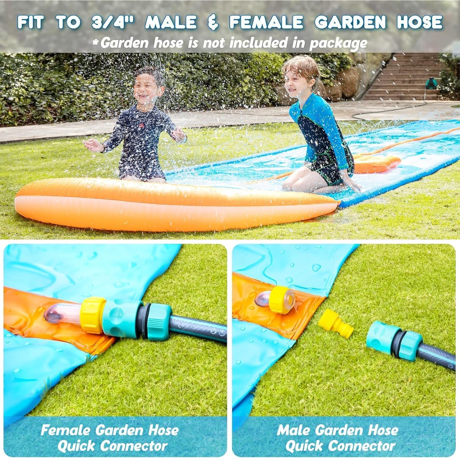 Slip Water and Slide, 15Ft Extra Long Lawn Water Slides for Kids Adults, Double Lanes Racing Backyard Summer Sprinkler and Splash Water Toy, XL Slip Waterslide with 2 Inflatable