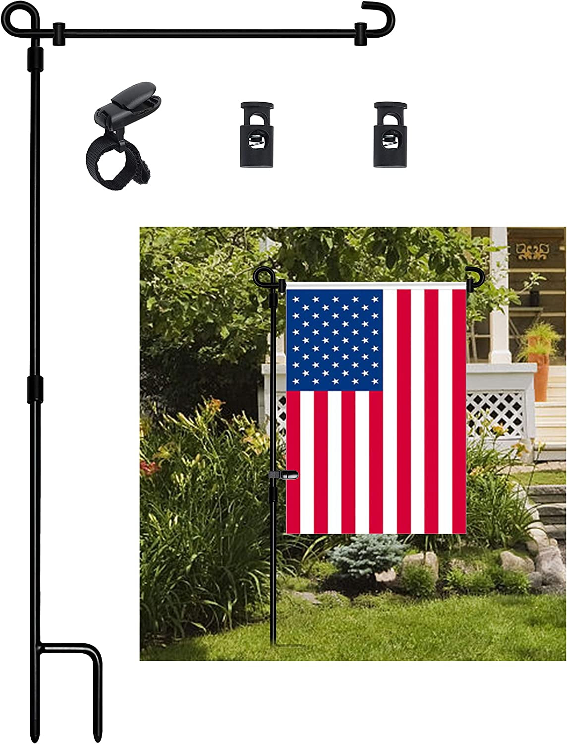Garden Flag Stand, Premium Garden Flag Pole Holder Metal Powder-Coated Weather-Proof Paint with One Tiger Clip and Two Spring Stoppers without Flag