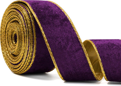 Purple Wide Velvet Ribbon Wired for Christmas Tree, Garland, Wreath, 1.5 Inch 10 Yards