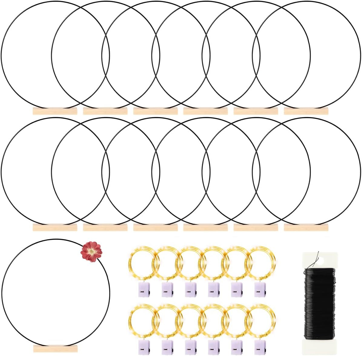 12 Pack Floral Hoop with Holders and LED Fairy Lights 18 Inch Metal Rings for DIY Centerpiece Table Decorations Crafts Macrame Rings Hoop Wreath Dream Catcher Rings Wedding Christmas Wreaths, Silver