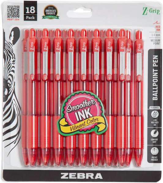 Pen Z-Grip Retractable Ballpoint Pen, Medium Point, Red Ink, 18-Pack: 22318