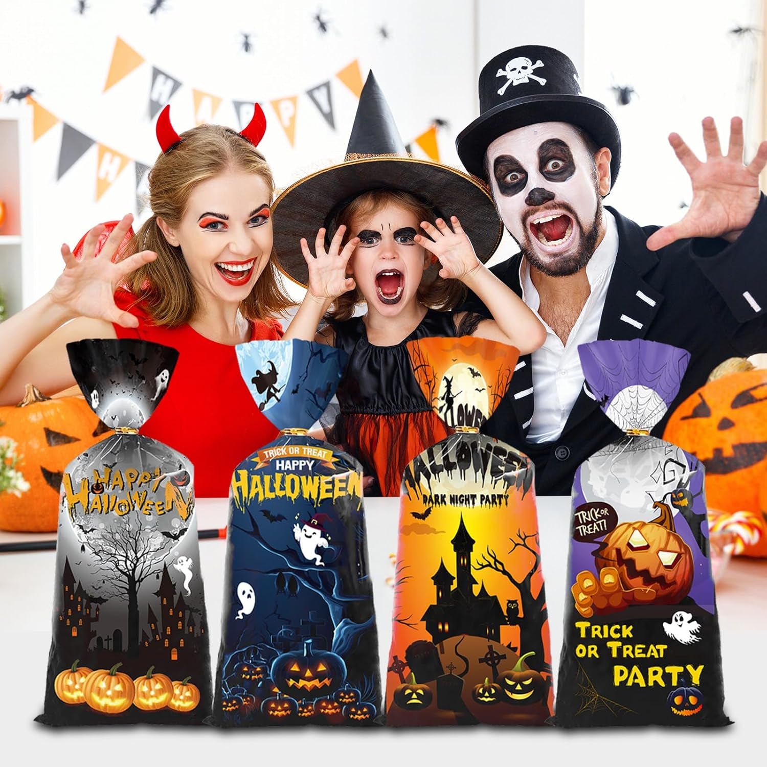 Halloween Treat Bags | 50 Pcs Cellophane Bags with Fun Scary Designs | Pumpkins, Witches Cello Bags | Halloween Party Decorations, Spooky Trick or Treat Bags