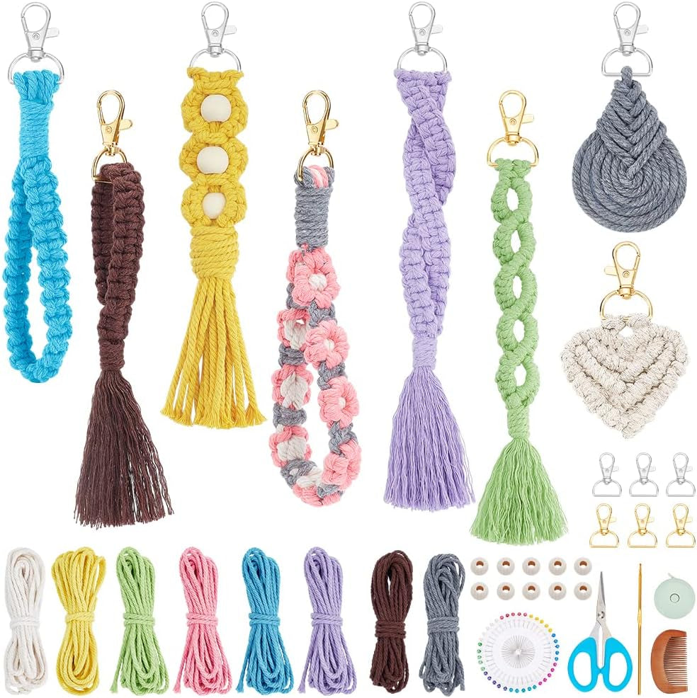 8 Set DIY Macrame Wristlet Keychain Kits for Adults Colorful Macrame Cord Knotting Kit Boho Mini Macrame Tassel Keychain with Instruction + Video for Car Key Purse Phone Wallet Charm