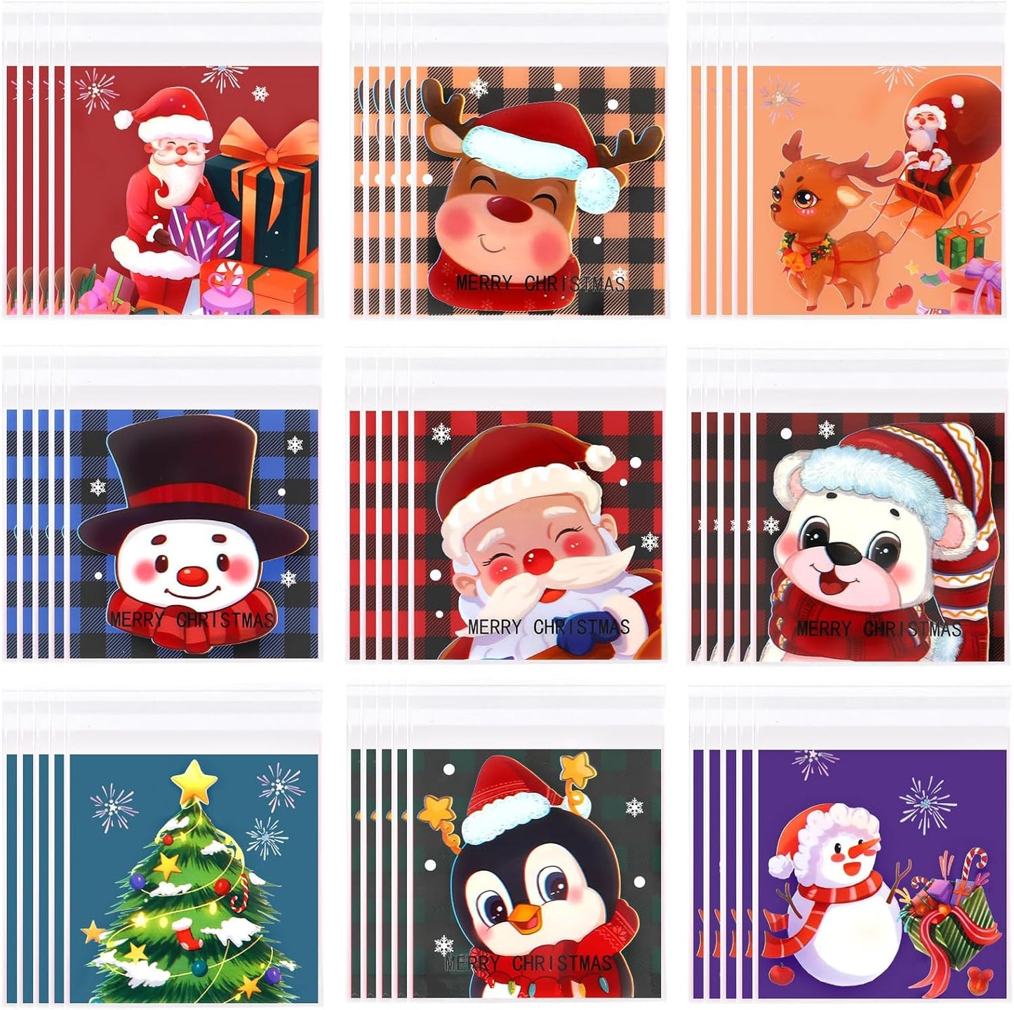 450 PCS Christmas Self-Adhesive Candy Cellophane Bags Xmas Treat Cookie Bags for Christmas Holiday Party Favor Gift Decoration Supplies (9 Patterns)