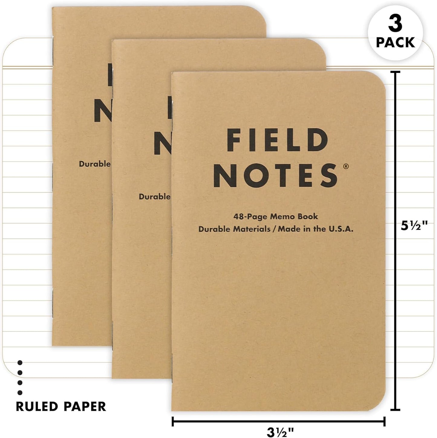 : Original Kraft 3-Pack - Ruled Paper Memo Books - Lined 48 Page Pocket Notebooks - 3.5" X 5.5"