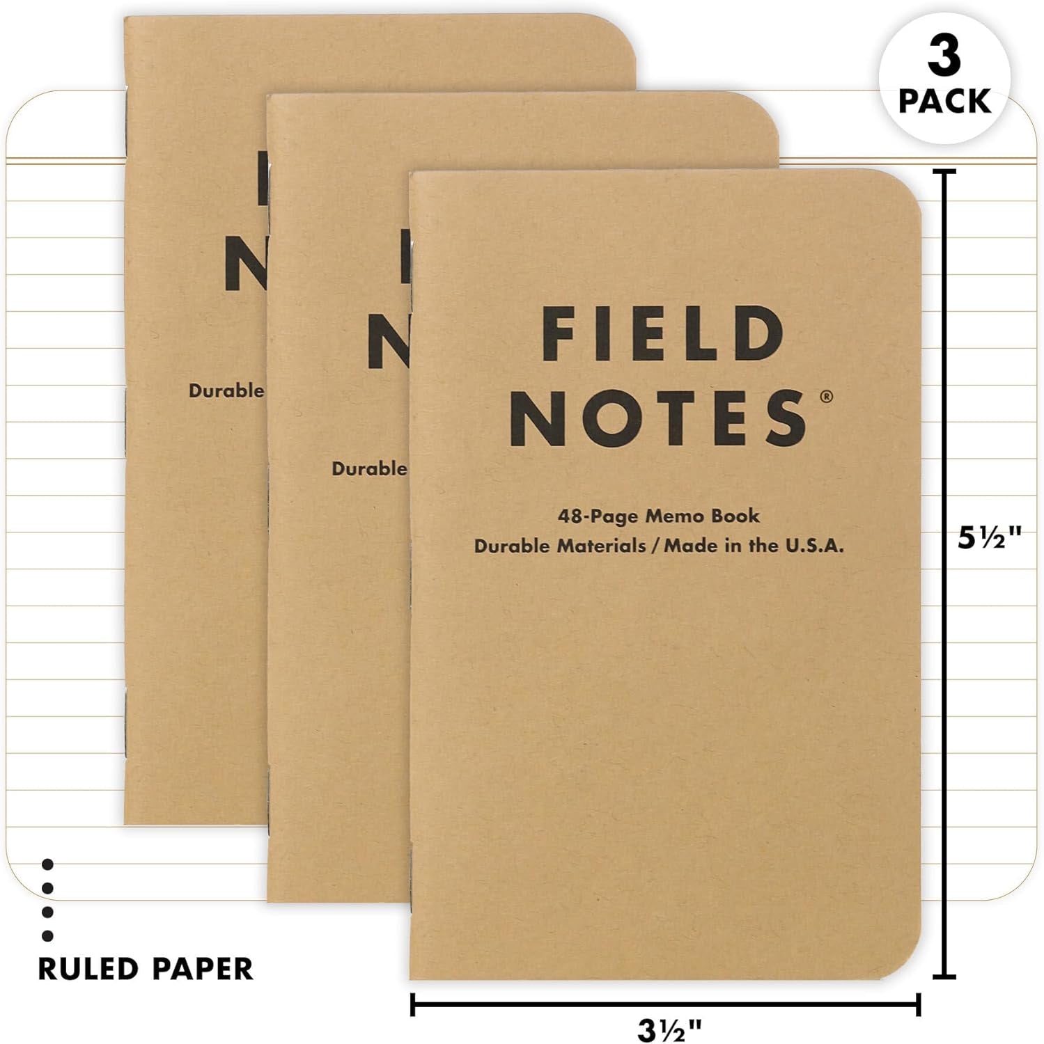 : Original Kraft 3-Pack - Ruled Paper Memo Books - Lined 48 Page Pocket Notebooks - 3.5" X 5.5"